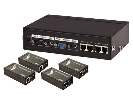 Bộ chia VGA+Audio 1 ra 4 và khuếch đại 100m kết nối qua đường cáp mạng- VGA Extender MT-104T
