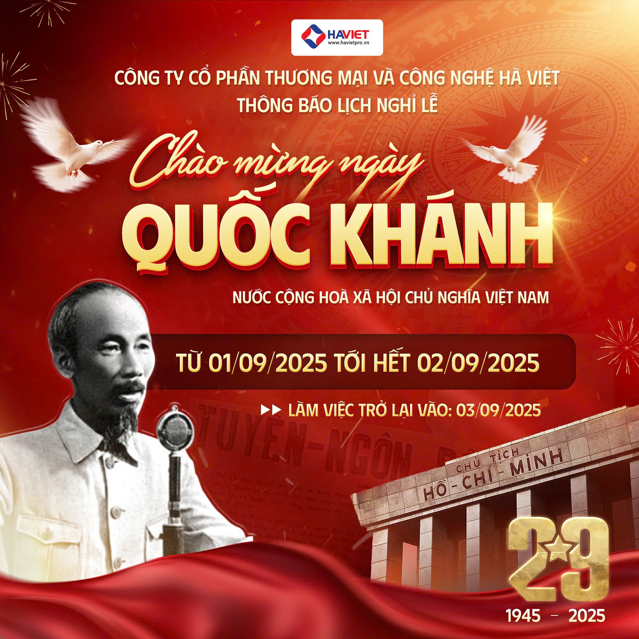 HÀ VIỆT PRO THÔNG BÁO LỊCH NGHỈ LỄ QUỐC KHÁNH 2-9 NĂM 2025