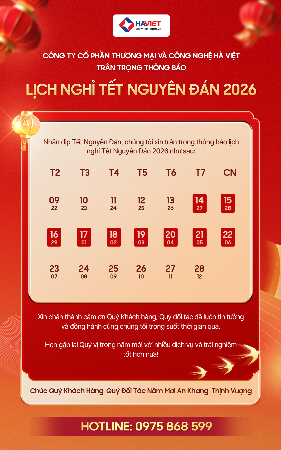  HÀ VIỆT PRO THÔNG BÁO LỊCH NGHỈ TẾT NGUYÊN ĐÁN 2026