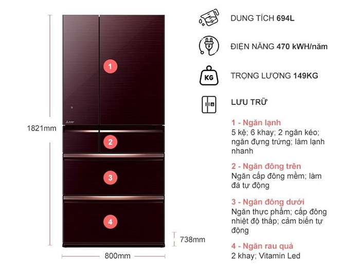 Tủ lạnh Mitsubishi Electric Inverter MR-WX70C-BR-V - 694 lít