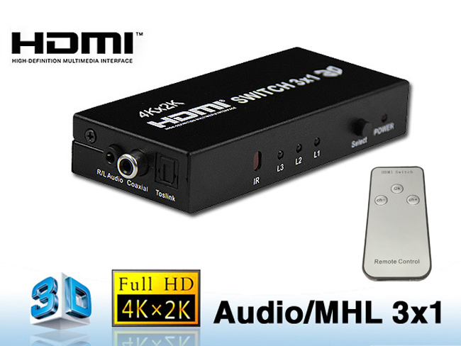 Bộ chuyển mạch HDMI 3x 1 Port, 4Kx 2K, Audio Output, có điều khiển B-GO 