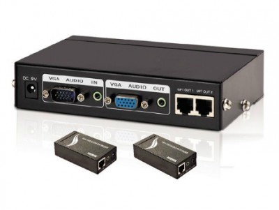 Bộ chia VGA+Audio 1 ra 2 và khuếch đại 100m kết nối qua đường cáp mạng- VGA Extender MT-102T