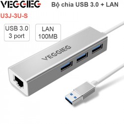 BỘ CHIA HUB USB 3.0 3 CỔNG + LAN RJ45 100MBPS VEGGIEG U3-3U-S