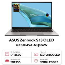 Laptop Asus Zenbook S 13 OLED UX5304VA-NQ126W (Core i7-1355U | 32GB | 1TB | Intel Iris Xe | 13.3inch 2.8K OLED | Win 11 | Xám)