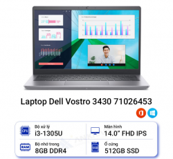Laptop Dell Vostro 3430 ( 71026453 ) (Intel Core I3-1305U | Ram 8GB | 512GB SSD | Intel UHD Graphics | 14 Inch FHD | 3C 41Wh | Win 11 Home | 1Yr)