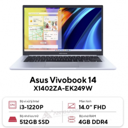 Laptop Asus Vivobook 14 X1402ZA-EK249W (Core i3 1220P/ 4GB/ 512GB SSD/ Intel UHD Graphics/ 14.0inch Full HD/ Windows 11 Home/ Silver/ Vỏ nhựa)