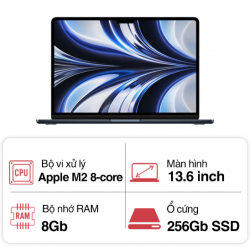 Laptop Apple Macbook Air M2 Z1600098B (8 core/ 16GB/ 256GB/ 13.6Inch/ Midnight/ Vỏ nhôm)