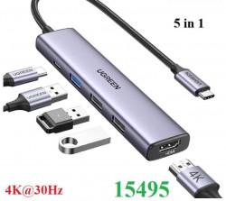 Hub USB Type-C 5 trong 1 ra HDMI 4K@30Hz, USB 2.0, USB 3.0, Sạc PD 100W Ugreen 15495 cao cấp