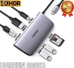 Bộ chuyển USB C 7 trong 1 Ugreen 50852, HDMI 4K + USB 3.0 + LAN 1Gbps + TF/SD + PD 100W cao cấp chính hãng