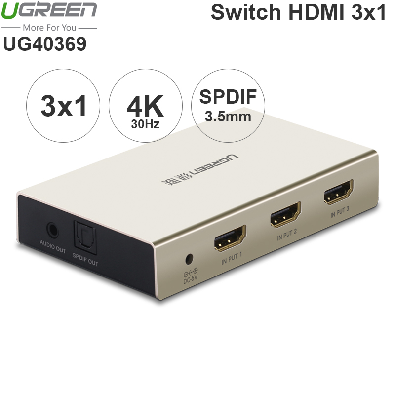 Switch HDMI 3x1 & 5x1 Ugreen hỗ trợ 3D, 4Kx2K, có điều khiển & xuất âm thanh quang và 3.5mm