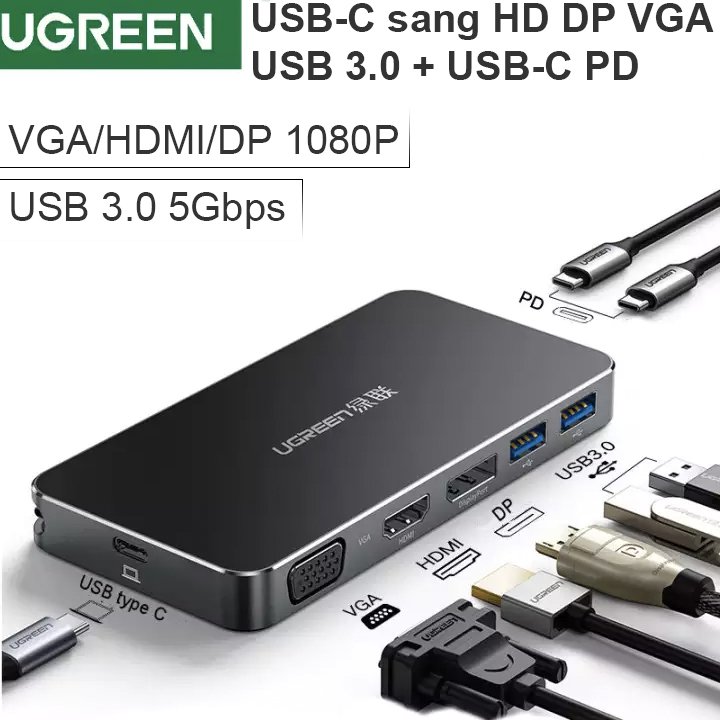 Bộ chuyển USB-C ra Display port/HDMI/VGA - 2 cổng USB 3.0/1 cổng USB TYPE-C power UGREEN 40872