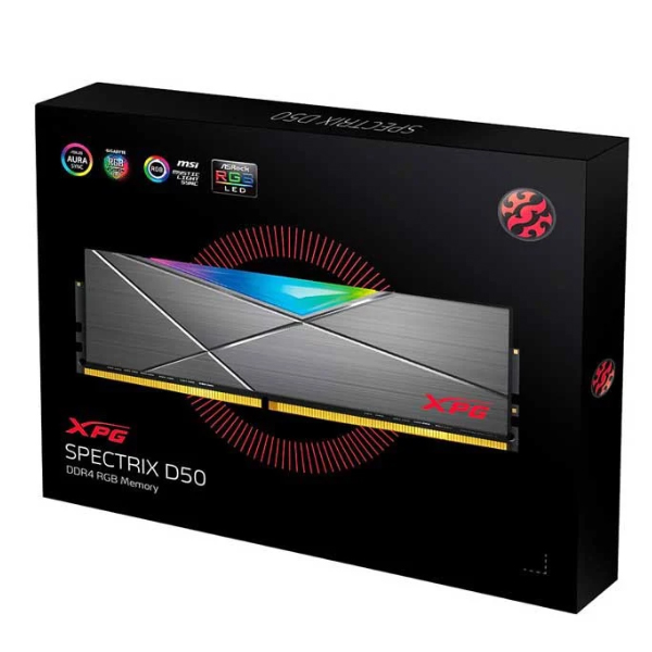 Ram desktop Adata XPG Spectrix D50 RGB Grey (AX4U32008G16A-ST50) 8GB (1x8GB) (DDR4/ 3200 Mhz/ LED RGB/ Tản nhiệt/ Non-ECC