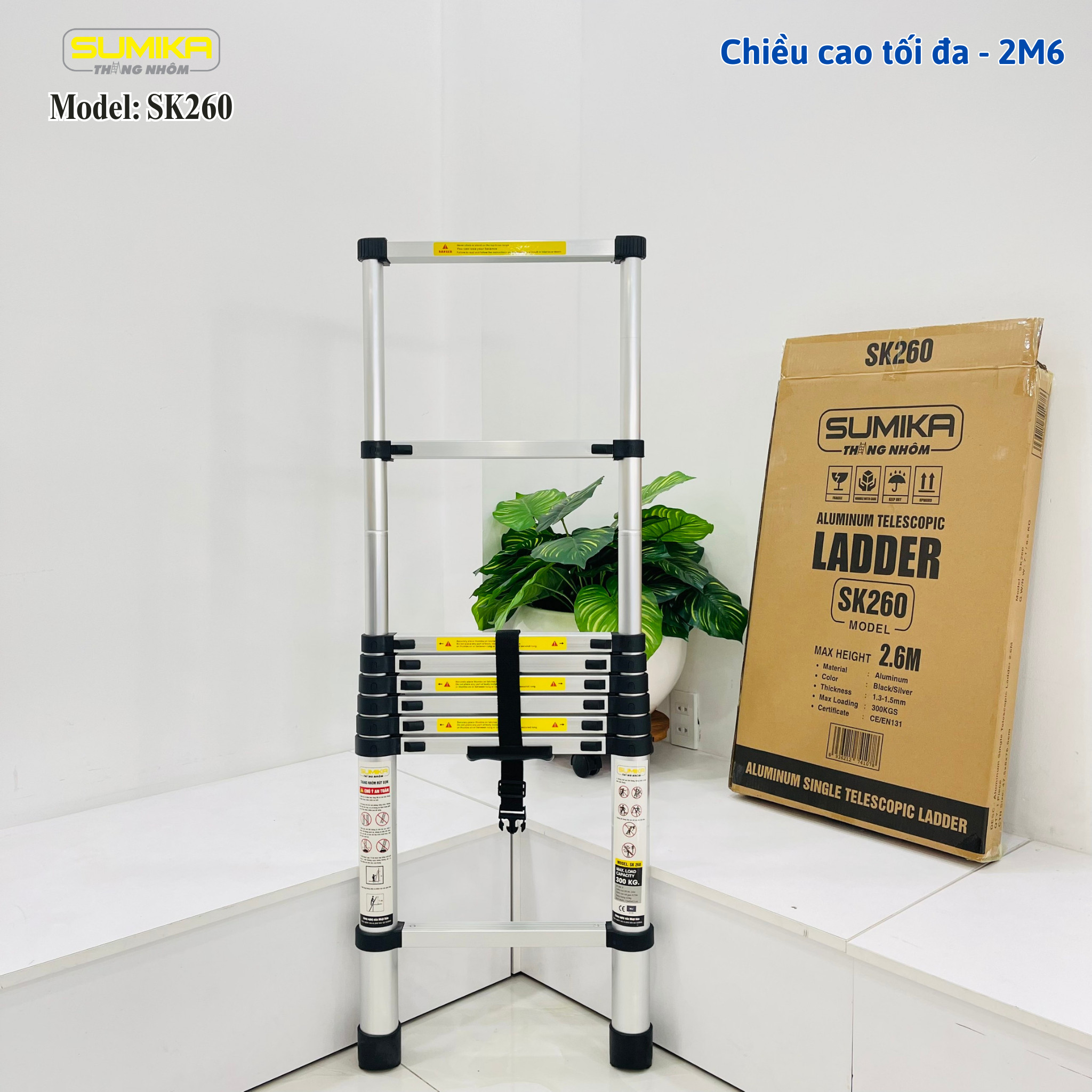 Thang rút nhôm Sumika SK260, đai đen, chiều cao 2.6m