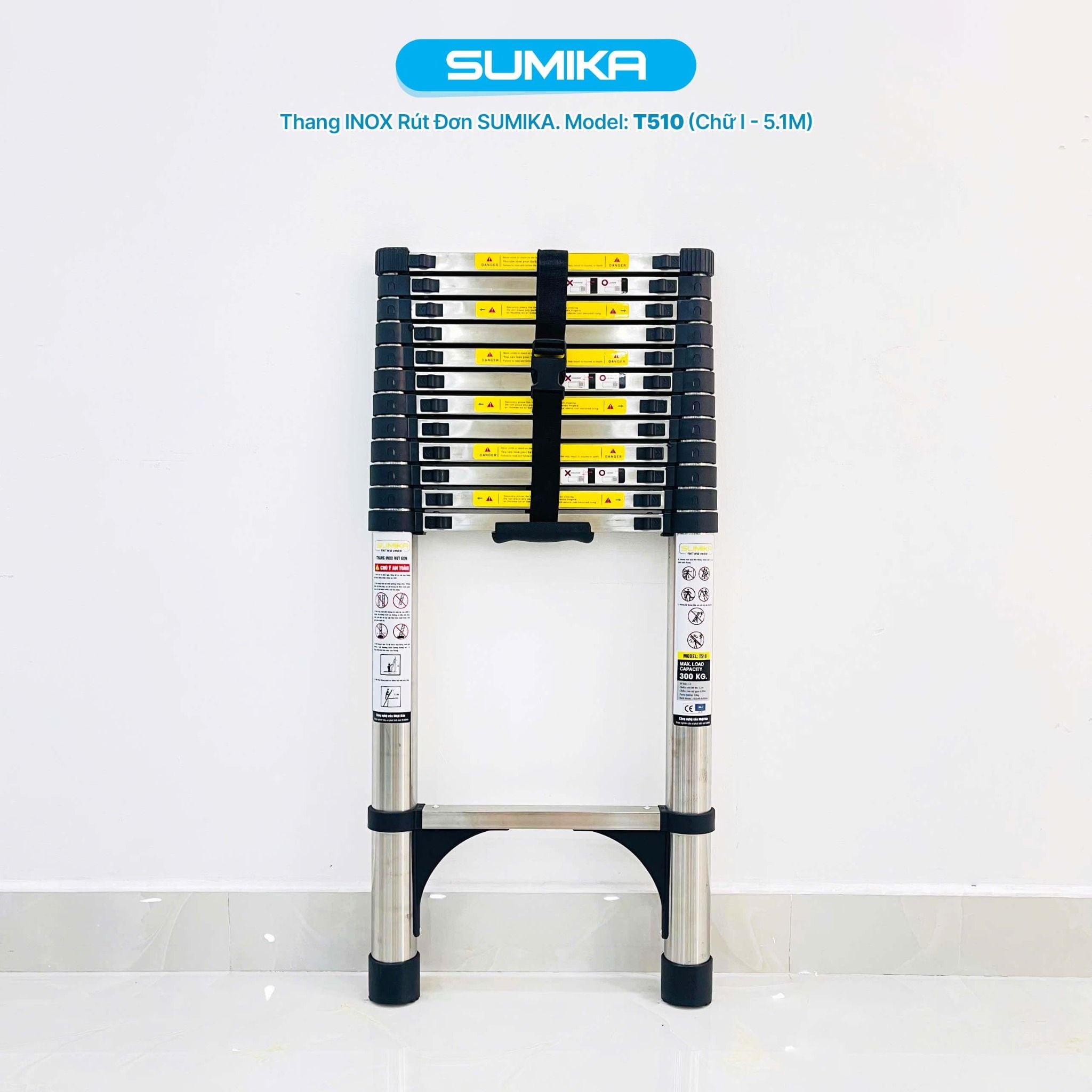 Thang rút inox SUMIKA T510, đai đen, chiều cao 5.1m