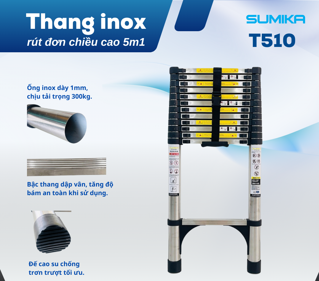 Thang rút inox SUMIKA T510, đai đen, chiều cao 5.1m