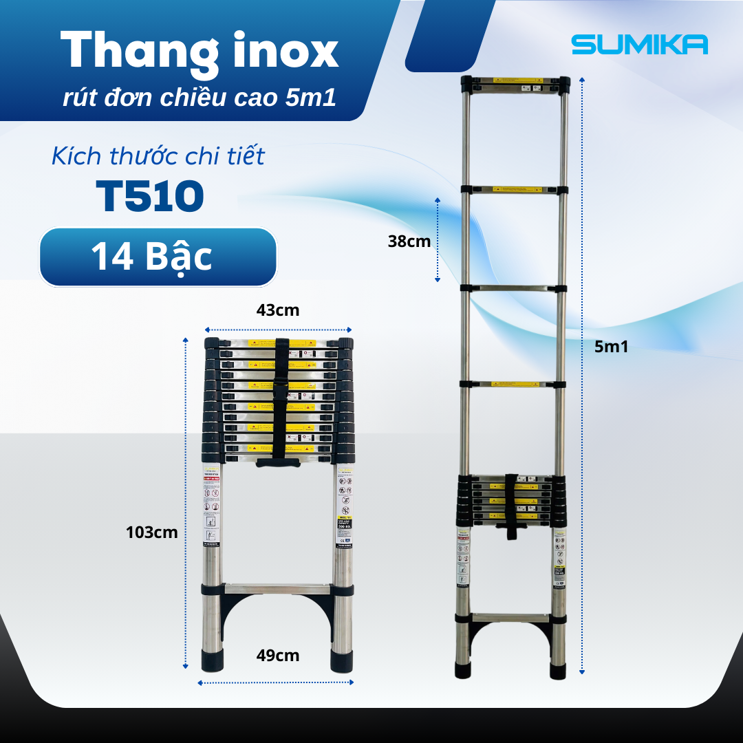 Thang rút inox SUMIKA T510, đai đen, chiều cao 5.1m