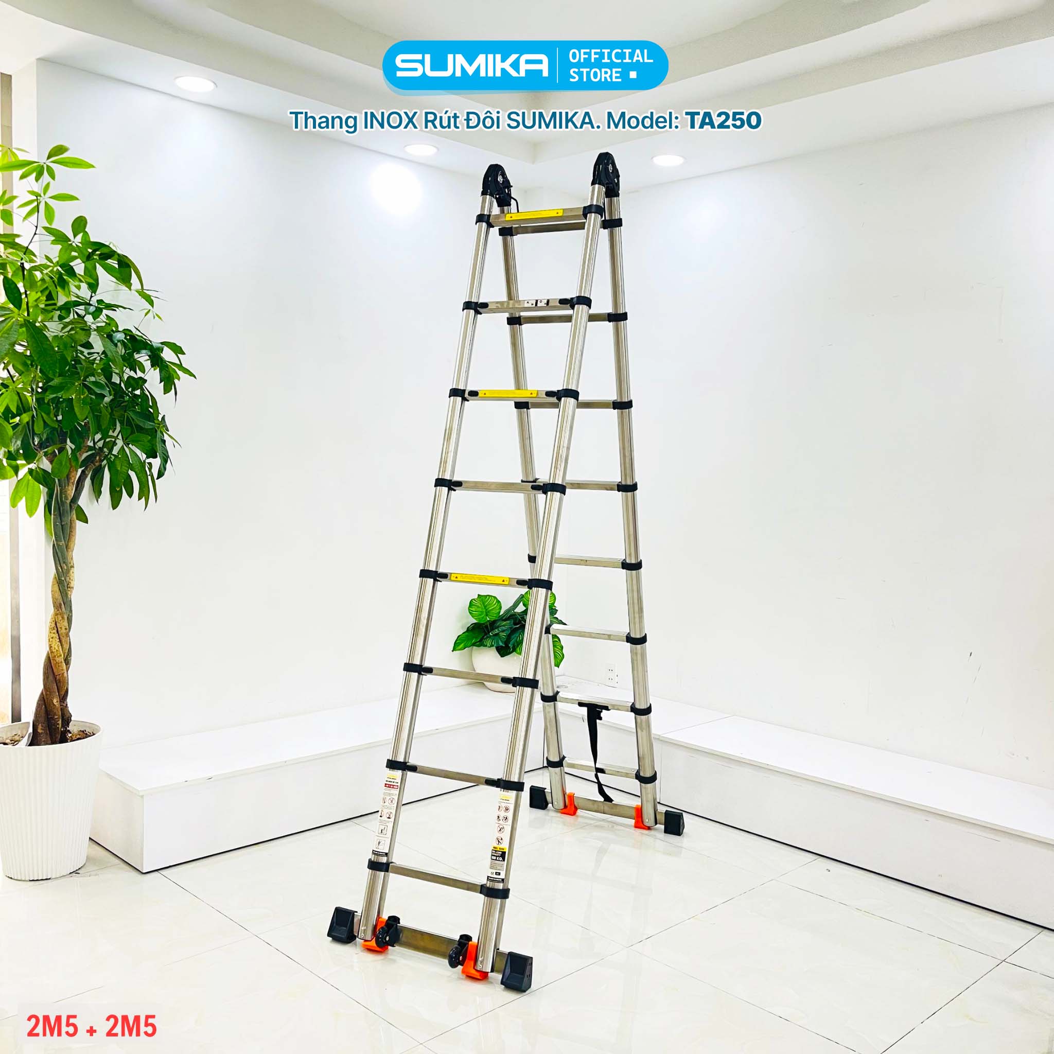 Thang Inox rút đôi SUMIKA TA250, chiều cao 2.5m+2.5m