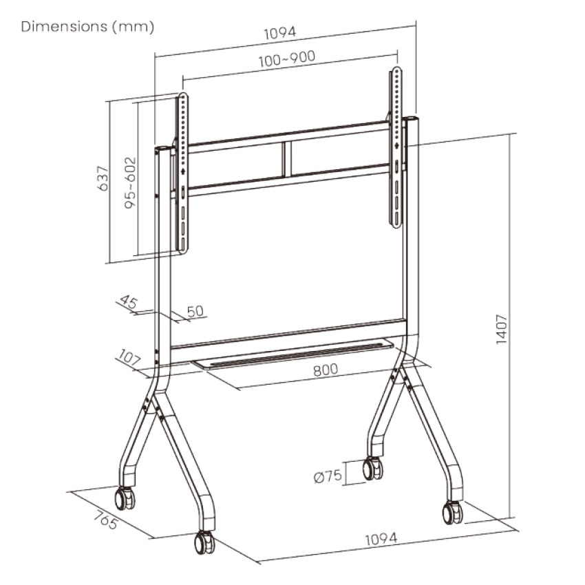 TTF19-612FW: Bộ chân đế di động chuyên dụng cho màn hình tương tác /màn hình hiển thị / TV chịu được trọng lượng lên đến 110 inch / 120 kg